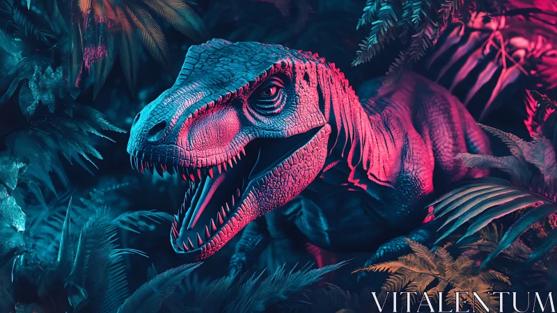 Neon lit dinosaur snarling in dense cyber jungle scene.
