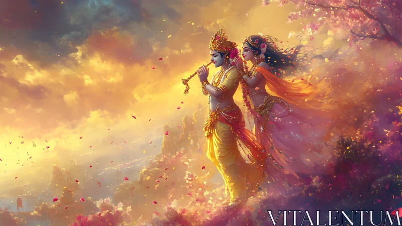 Celestial lovers drifting through a saffron blossom sunset.