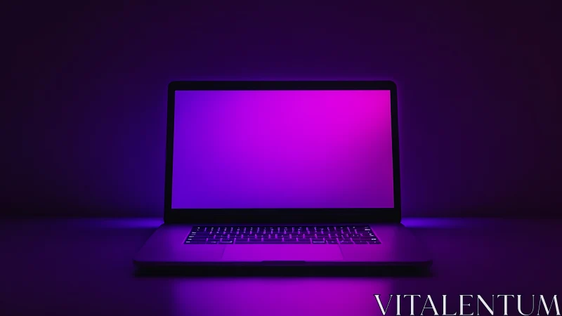 Glowing purple laptop casting a calm creative workspace mood.