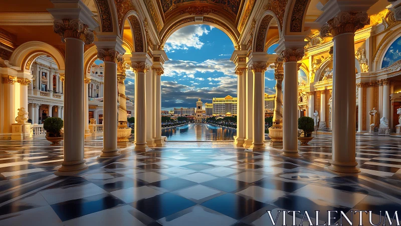 Neoclassical arcade with reflective canal vista in golden light.