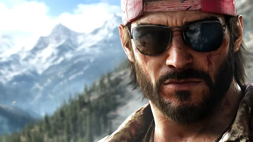 Rugged bearded survivor in reflective aviators, alpine backdrop.
