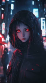 Mysterious red-eyed girl walks through neon city rain