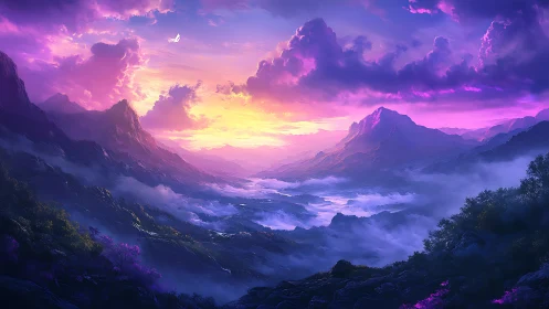 Vibrant fantasy mountains glow under a radiant violet dawn