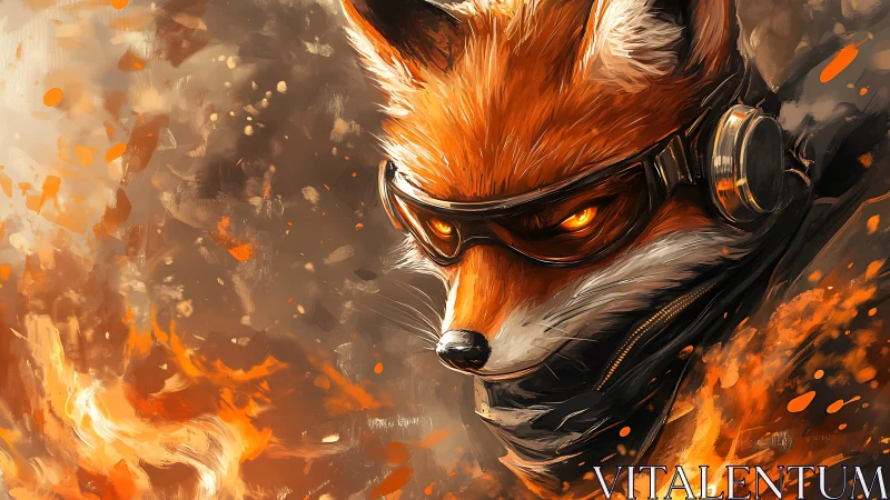 Cyber fox warrior emerges from swirling orange firestorm