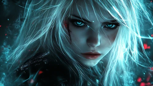 Cybernetic-eyed femme antihero under teal bioluminescent haze