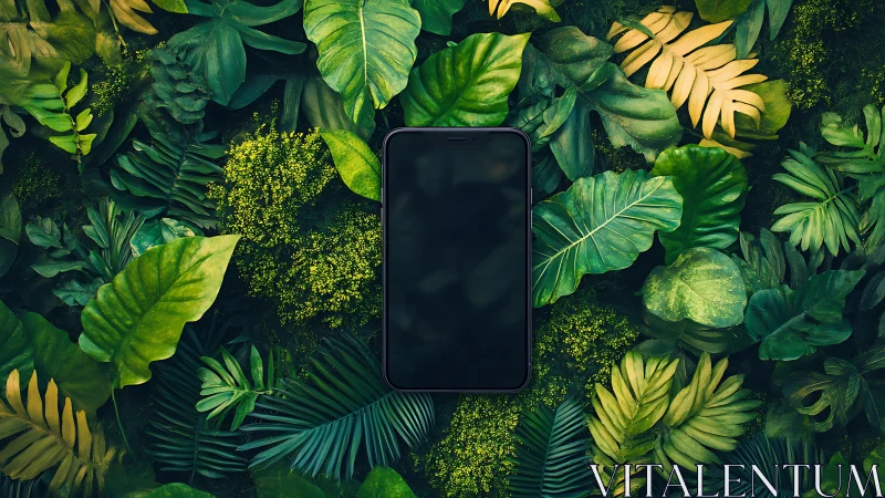 Smartphone with black screen framed by lush tropical leaves.