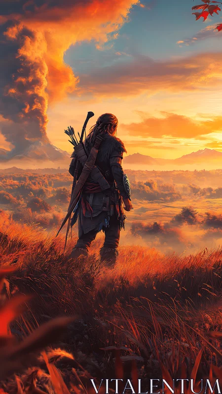 Lone warrior surveys burning valley under vivid sunset.