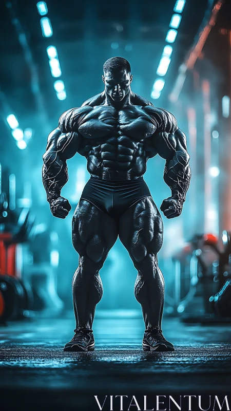 Hyperreal bodybuilder silhouette in neon gym arena.