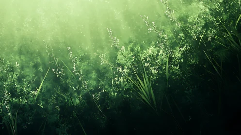 Sunlit wild grass field with glowing green haze atmosphere.
