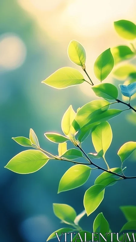 Sunlit green leaves glow against soft blue bokeh background