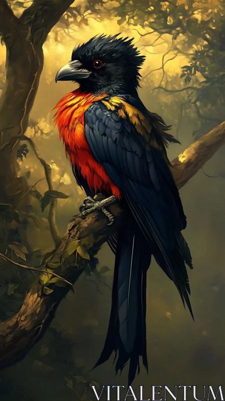 Digital rendering shows perched tropical bird in forest light
