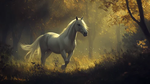 White horse moving through sunlit autumn forest path.