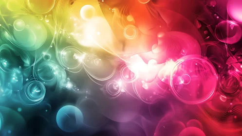 Prismatic nebula of swirling light orbs and liquid color.