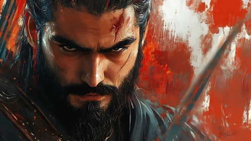 Fierce warrior portrait painted in bold, fiery strokes.