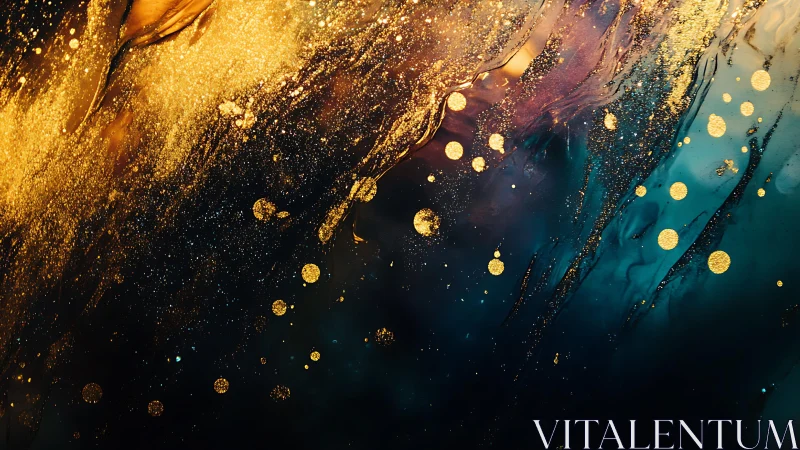 Abstract gold and blue fluid art with shimmering textures.