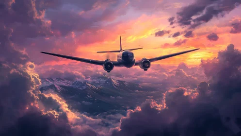 Twin engine aircraft above mountains at sunset sky period