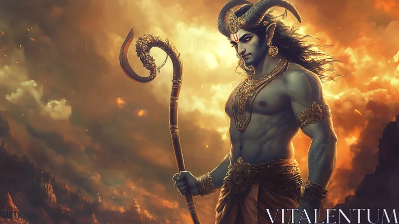 Horned mythic warrior with staff in fiery fantasy landscape.