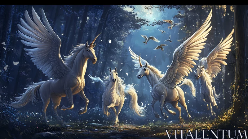 Moonlit forest erupts as winged unicorns launch into flight