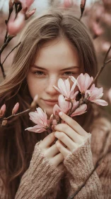 Girl gazes through magnolia blossoms in soft spring light.