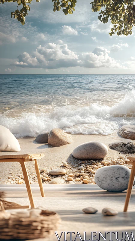 Sunlit shore unfolds beyond a tranquil coastal lounge window.