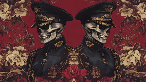 Mirrored skeletal officers in dress uniforms before florals.