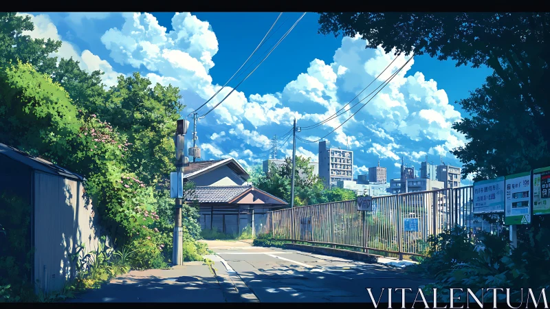 Suburban street under towering cumulonimbus and power lines.