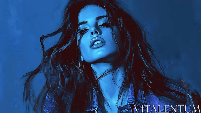 Midnight blue muse in windswept neon portrait glow.