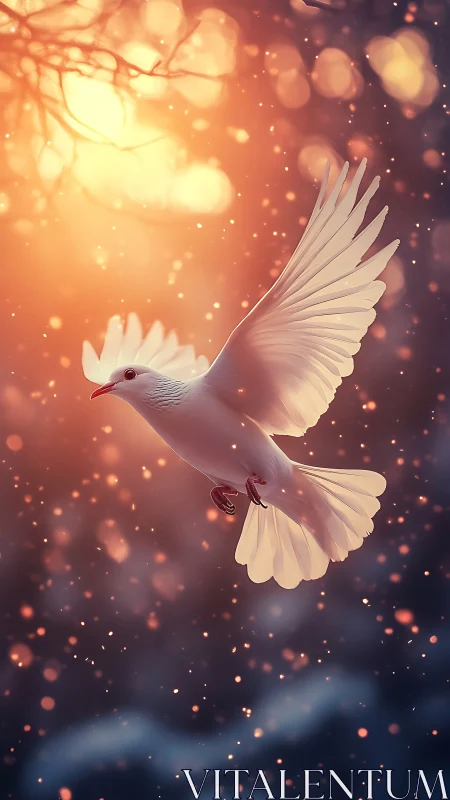 Gentle white dove gliding through golden sunset glow.