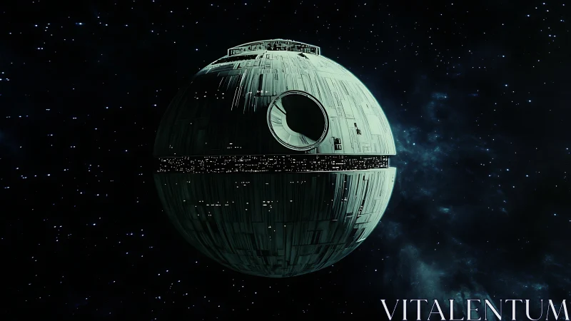 Spherical orbital battle station in deep space, 3D render.