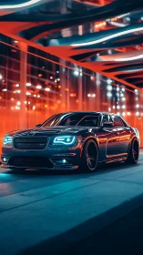 Neon-lit luxury sedan gliding through futuristic tunnel at night.