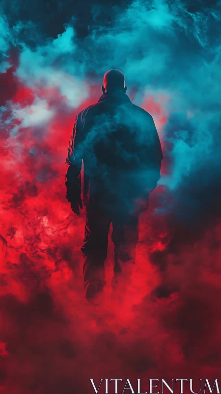 Solitary figure in red and blue atmospheric smoke field.