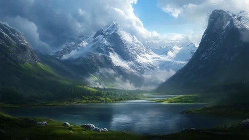 Snowy mountain valley with calm lake under dramatic sky.
