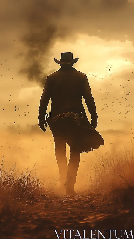 Dust-laced horizon swallows the lone gunslinger’s final stride