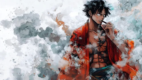 Anime swordsman stands amid diffuse, smoky watercolor effects