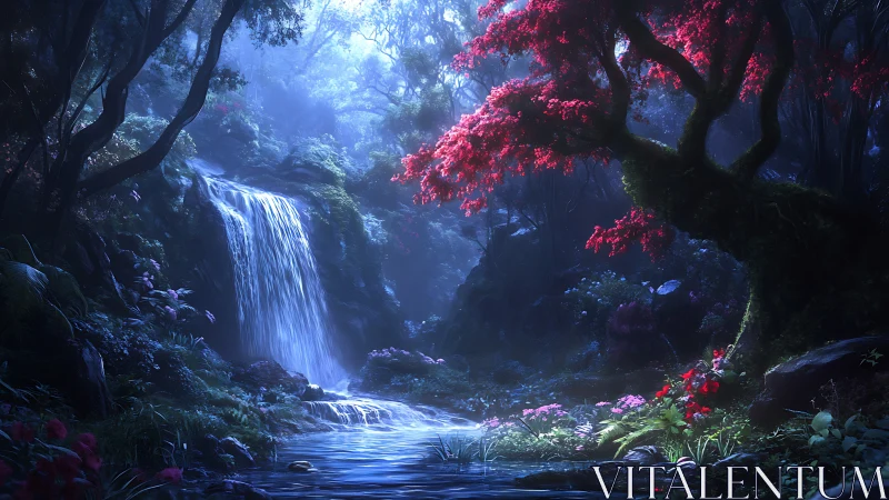 Waterfall in Forest with Red Flowering Trees. Digital Landscape