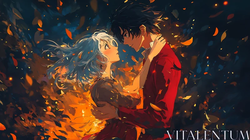 Two figures stand embracing amid swirling, luminous particles