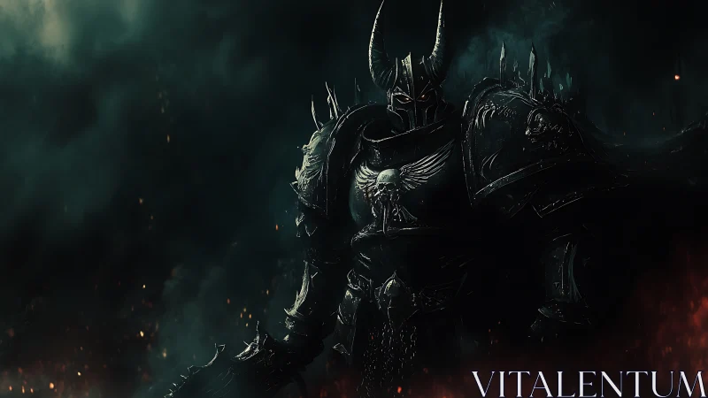 Dark warlord in spiked armor commands burning void.