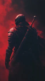 Armored warrior with sword standing in red smoke.