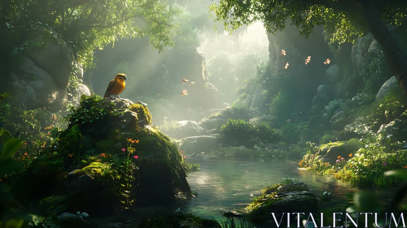 Sunlit songbird rests above a tranquil hidden forest pool.