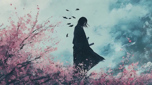 Samurai figure stands among cherry blossoms under cloudy sky