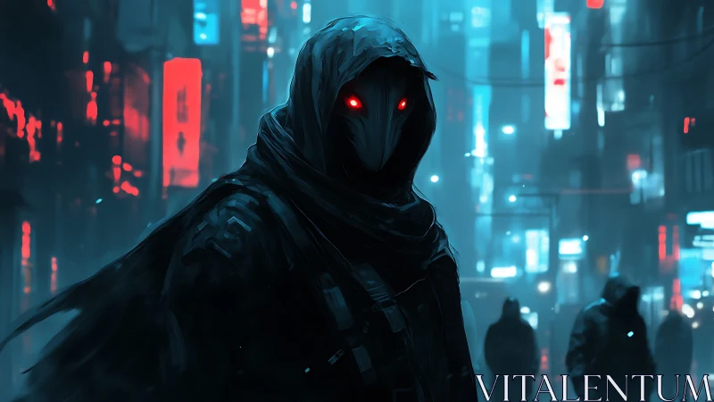 Hooded cybernetic watcher stalks neon city street at night