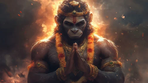 Divine simian warrior stands in fiery sacred aura