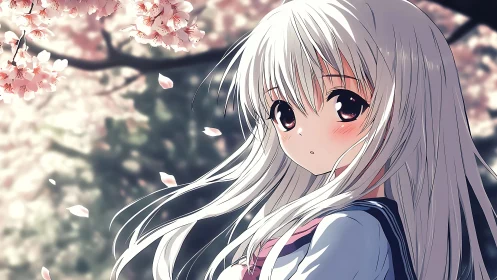 Quiet springtime moment with a shy anime schoolgirl.