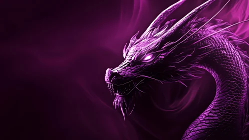 Purple digital dragon profile with glowing eyes on dark field.