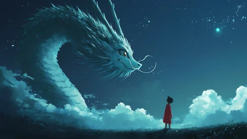 Long serpentine dragon curves above lone figure under stars