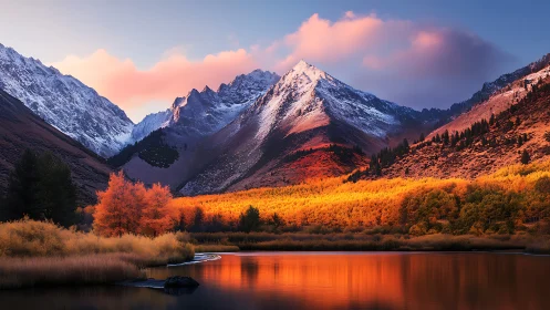 Sunlit alpine peaks rise above a fiery autumn lakeshore