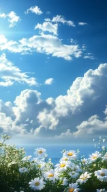 Photorealistic seascape with daisies and cumulus sky layering.