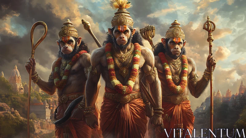 Triptych of warrior monkey deities with ornate temple backdrop