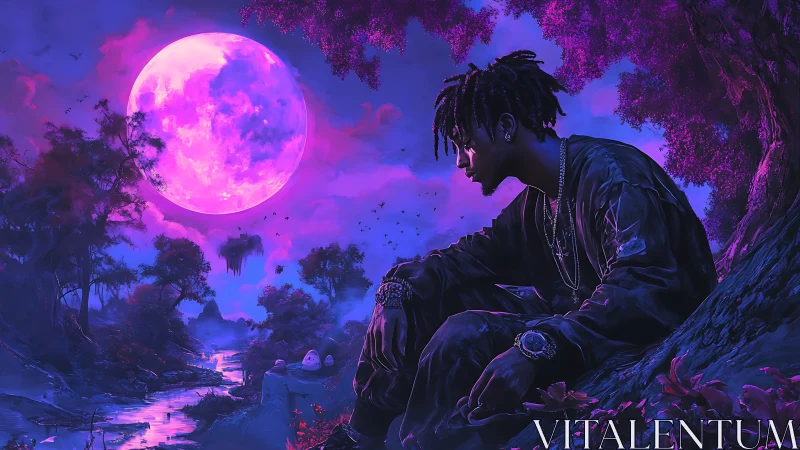 Neon purple moonlit forest with contemplative figure portrait.