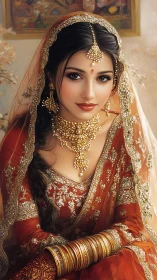 Bridal portrait in red lehenga with heavy gold jewelry.